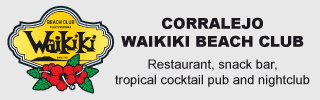 Banner for Waikiki Beach Club in Corralejo, Fuerteventura - featuring a restaurant, snack bar, tropical cocktail pub, and nightclub.