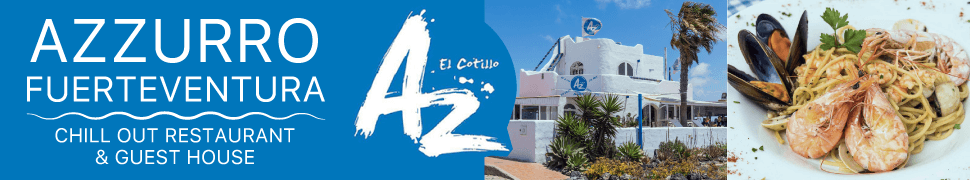 Bannière pour le restaurant Azzurro Chill Out à El Cotillo, Fuerteventura - comprenant un restaurant, un bar chill out, une vue imprenable sur la mer.