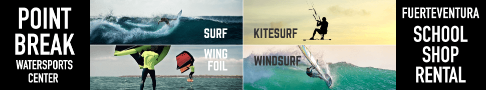 Banner für Point Break School in Corralejo, Fuerteventura - Schulen für Kitesurfen, Surfen, Wing Foiling, Windsurfen.